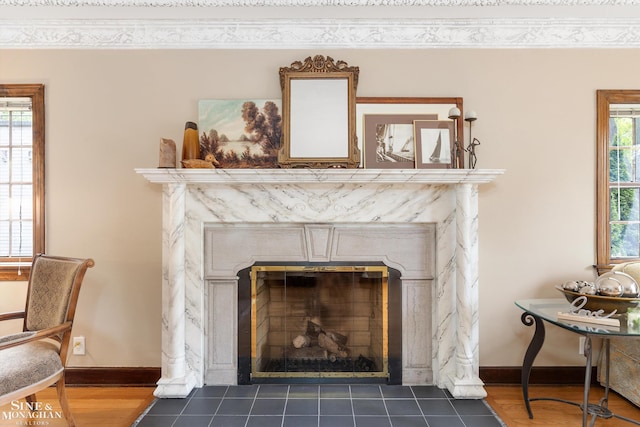 1264 Bedford Rd, Grosse Pointe Park, MI 48230 - detailed view of a high end fireplace, baseboards, and wood finished floors