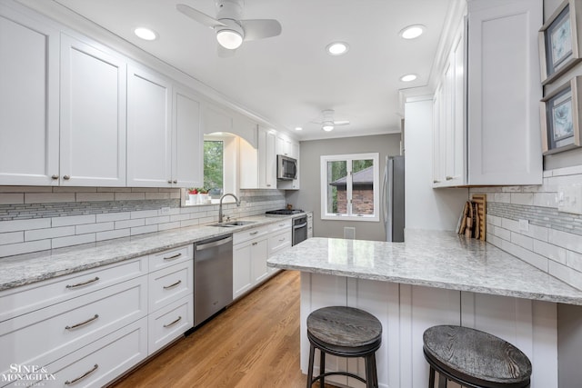 1264 Bedford Rd, Grosse Pointe Park, MI 48230 - kitchen featuring appliances with stainless steel finishes, a sink, ceiling fan, crown molding, and backsplash