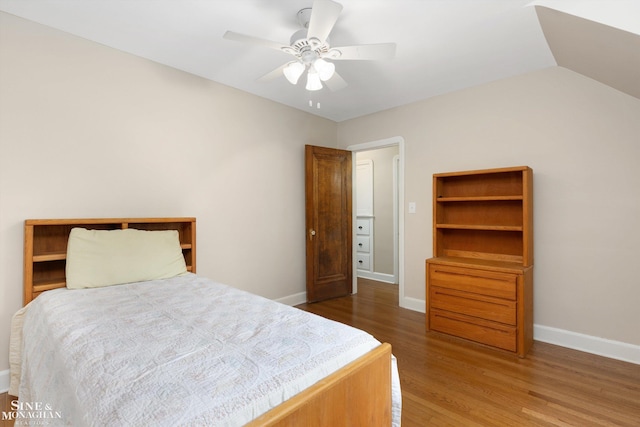 1264 Bedford Rd, Grosse Pointe Park, MI 48230 - bedroom featuring wood finished floors, baseboards, ceiling fan, and lofted ceiling