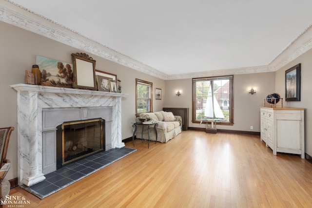 1264 Bedford Rd, Grosse Pointe Park, MI 48230 - living room featuring wood finished floors, a fireplace, ornamental molding, and baseboards