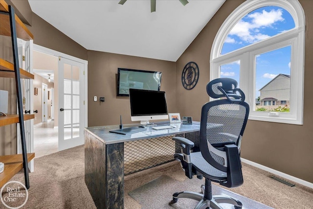 49204 Stratford Dr, Chesterfield Twp, MI 48047 - office space with french doors, carpet floors, vaulted ceiling, and baseboards
