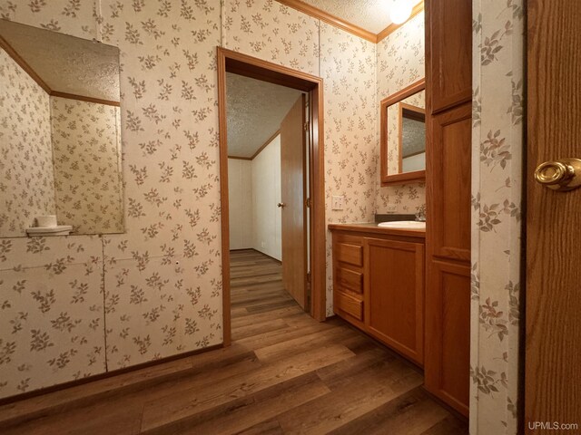 104 Pine St, Greenland, MI 49929 - hallway with light wood-style floors, ornamental molding, wallpapered walls, and a sink