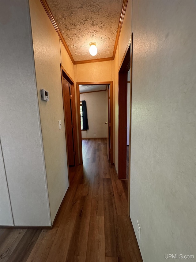 104 Pine St, Greenland, MI 49929 - hallway featuring ornamental molding, wood-type flooring, a textured wall, and a textured ceiling