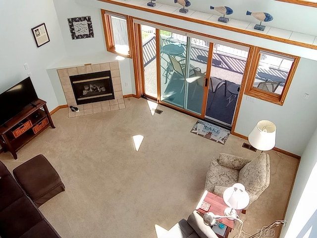 1750 Castleview Ct, Gladwin, MI 48624 - carpeted living room with baseboards and a fireplace