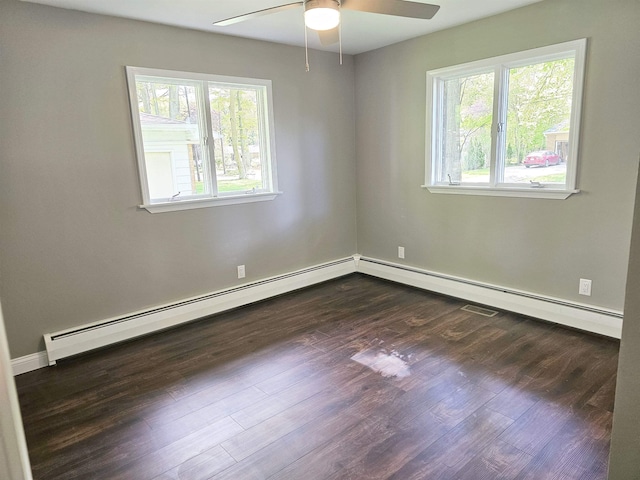 3045 W Birch Dr, Bay City, MI 48706 - spare room with a ceiling fan, dark wood-type flooring, a baseboard radiator, and baseboards