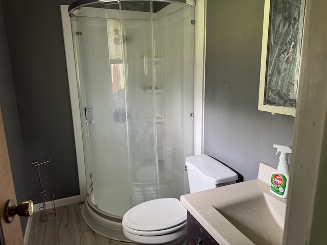5431 Threasa St, Saginaw, MI 48603 - bathroom with a stall shower, toilet, vanity, and wood finished floors