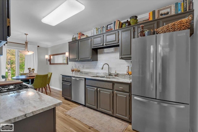 4916 Royal Cove Dr, Shelby Twp, MI 48316 - kitchen featuring appliances with stainless steel finishes, light wood-type flooring, backsplash, baseboards, and a sink