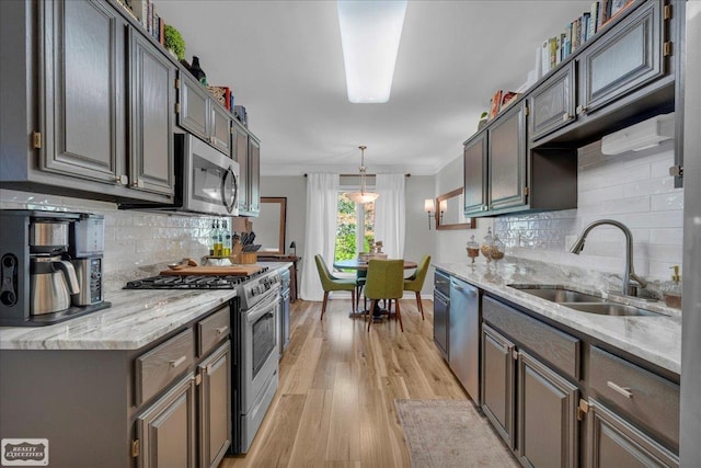 4916 Royal Cove Dr, Shelby Twp, MI 48316 - kitchen featuring appliances with stainless steel finishes, a sink, backsplash, and light wood-style flooring