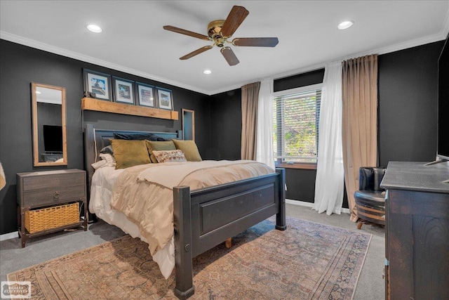 4916 Royal Cove Dr, Shelby Twp, MI 48316 - carpeted bedroom featuring recessed lighting, baseboards, ornamental molding, and a ceiling fan