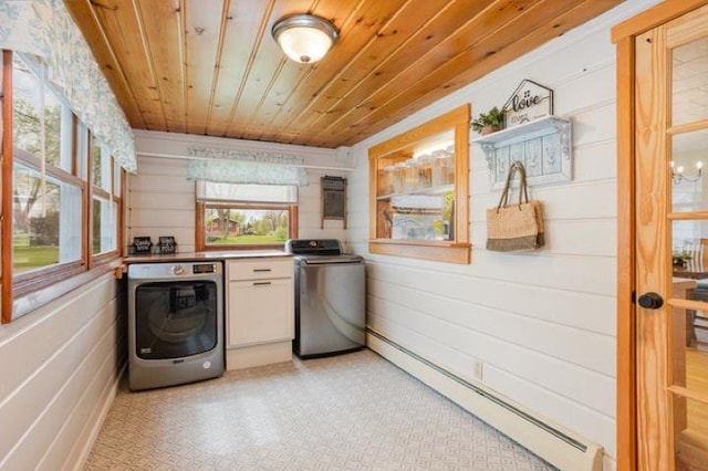 4449 S M 18 Hwy, Beaverton, MI 48612 - washroom with washer / dryer, wood ceiling, a baseboard heating unit, and wood walls