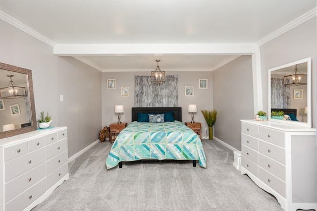 4449 S M 18 Hwy, Beaverton, MI 48612 - bedroom with baseboards, light carpet, a chandelier, and ornamental molding