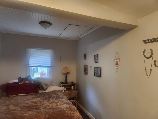 6130 Beech Dr, Lake, MI 48632 - bedroom with attic access, baseboards, and crown molding