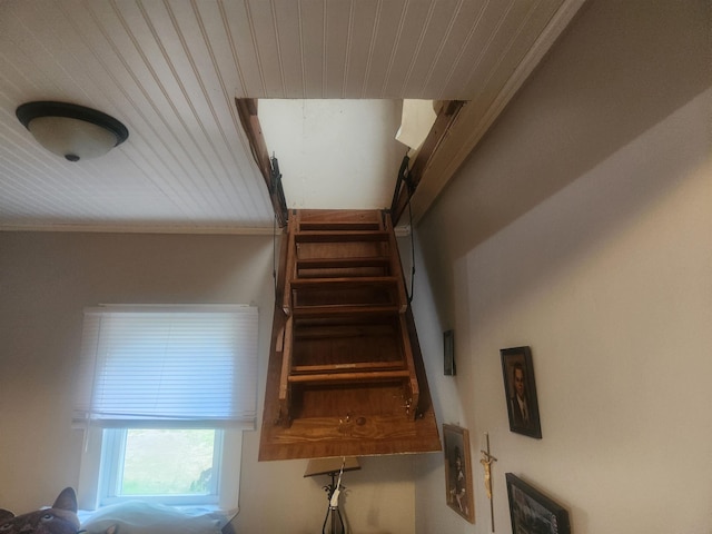 6130 Beech Dr, Lake, MI 48632 - staircase featuring wooden ceiling and ornamental molding