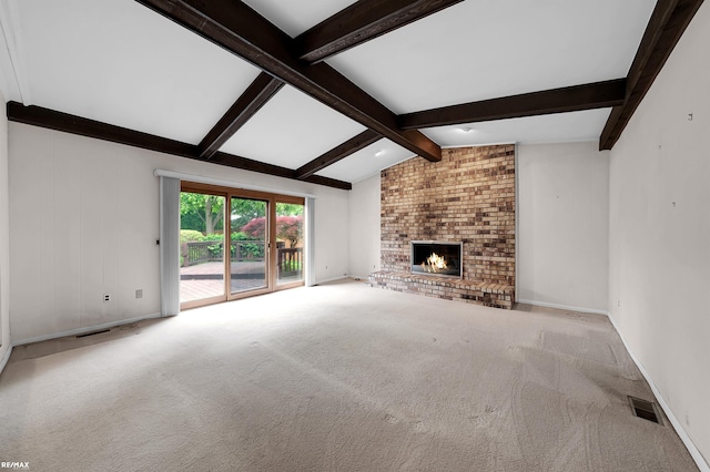 39067 Baroque Blvd, Clinton Township, MI 48038 - unfurnished living room with carpet, a brick fireplace, and baseboards