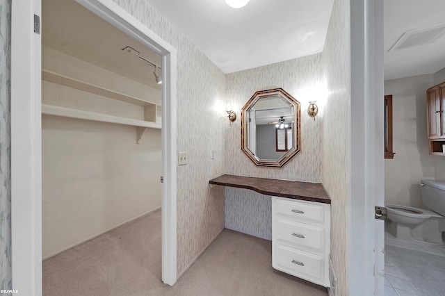 39067 Baroque Blvd, Clinton Township, MI 48038 - bathroom featuring toilet, wallpapered walls, vanity, and ceiling fan
