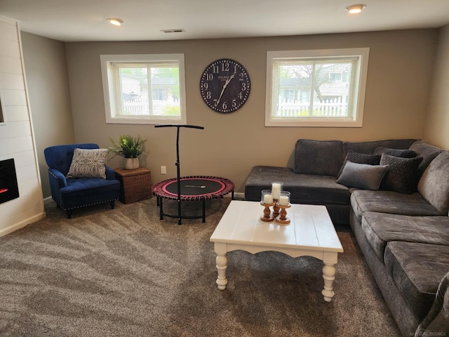24725 Orchid St, Harrison Twp, MI 48045 - carpeted living area with a fireplace and baseboards