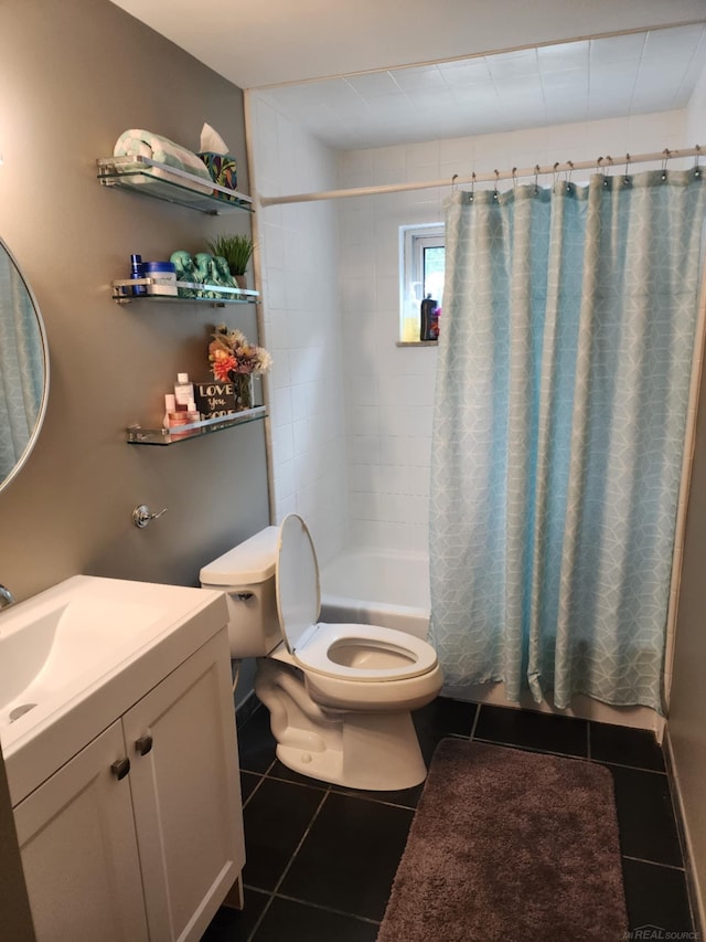 24725 Orchid St, Harrison Twp, MI 48045 - bathroom with shower / bathtub combination with curtain, vanity, tile patterned floors, and toilet