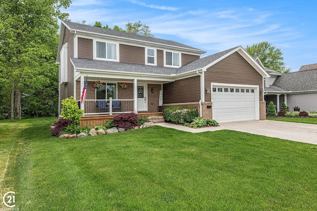 229 Mussey St, Romeo, MI 48065 - view of front of house featuring a garage, driveway, a porch, a front lawn, and brick siding