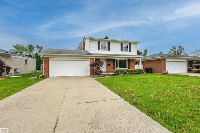 33519 Groth Ave, Sterling Heights, MI 48312 - traditional home with brick siding, a garage, driveway, a front lawn, and covered porch