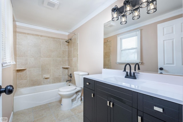 33519 Groth Ave, Sterling Heights, MI 48312 - bathroom with ornamental molding, vanity, bathtub / shower combination, toilet, and tile patterned flooring