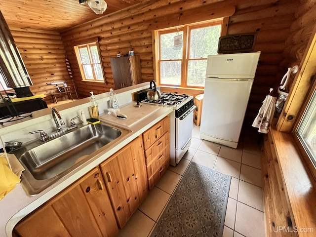 14520 7th Rd, Garden, MI 49835 - kitchen featuring white appliances, log walls, a sink, wooden ceiling, and light countertops