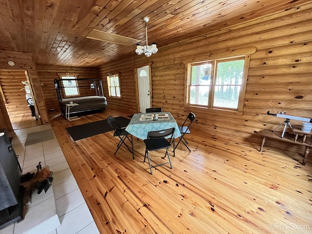14520 7th Rd, Garden, MI 49835 - dining room featuring wood ceiling, log walls, and healthy amount of natural light