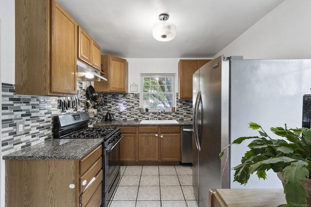 3106 Winifred St, Wayne, MI 48184 - kitchen featuring appliances with stainless steel finishes, a sink, under cabinet range hood, tasteful backsplash, and brown cabinetry