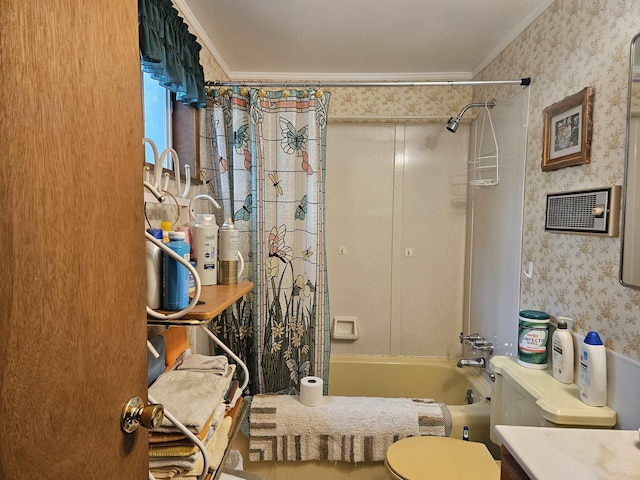 4949 Filter Rd, Harrison, MI 48625 - full bath featuring wallpapered walls, shower / bath combo, crown molding, toilet, and vanity