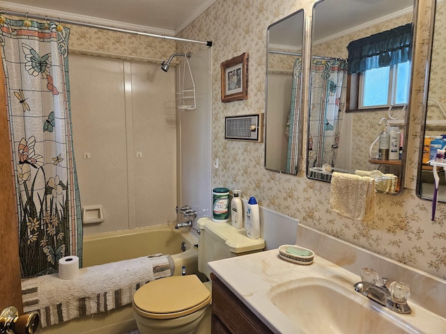 4949 Filter Rd, Harrison, MI 48625 - full bathroom featuring wallpapered walls, crown molding, shower / bath combo, toilet, and vanity