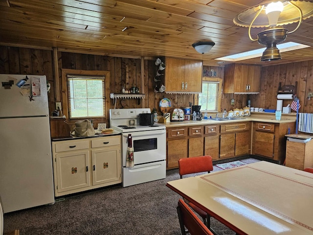 4949 Filter Rd, Harrison, MI 48625 - kitchen with white appliances, wood walls, healthy amount of natural light, a sink, and wooden ceiling