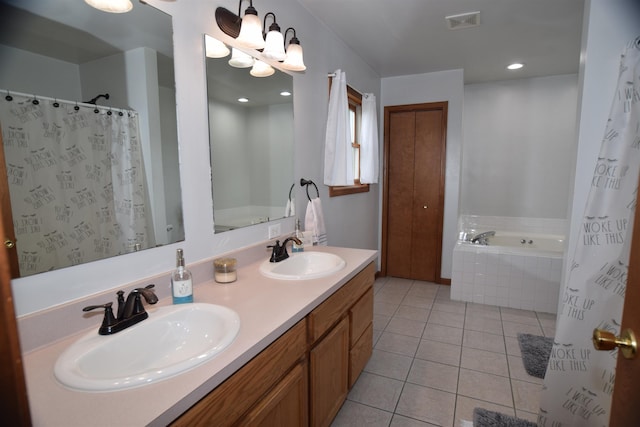 3850 Mando Ct, Coleman, MI 48611 - full bathroom with a bath, double vanity, tile patterned floors, and a shower with shower curtain