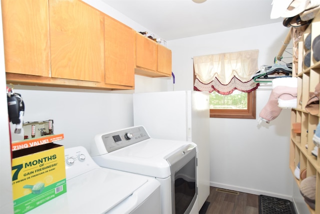 3850 Mando Ct, Coleman, MI 48611 - laundry room with independent washer and dryer, cabinet space, and dark wood-style flooring