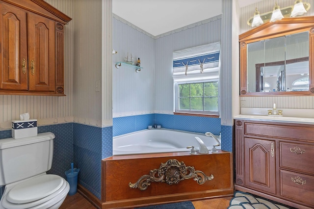 48816 Point Lakeview Dr, Chesterfield Twp, MI 48047 - full bath with wallpapered walls, vanity, toilet, and a bath