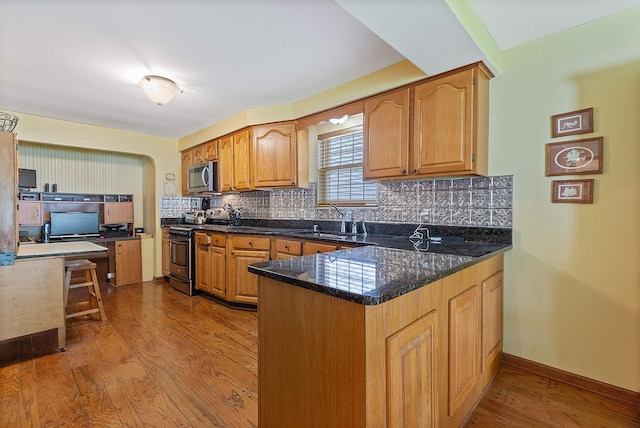 48816 Point Lakeview Dr, Chesterfield Twp, MI 48047 - kitchen featuring stainless steel appliances, a sink, wood finished floors, tasteful backsplash, and a peninsula