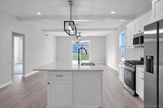 27621 Maryjane Ln E, Chesterfield Twp, MI 48047 - kitchen with appliances with stainless steel finishes, beamed ceiling, a sink, baseboards, and white cabinetry
