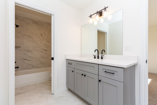 27621 Maryjane Ln E, Chesterfield Twp, MI 48047 - full bath featuring vanity, marble look tiles, baseboards, shower / tub combination, and toilet
