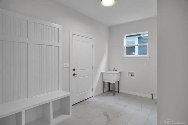 27621 Maryjane Ln E, Chesterfield Twp, MI 48047 - laundry room featuring hookup for a washing machine, light marble finish floors, and baseboards