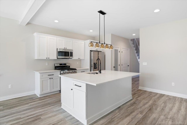 27633 Maryjane Ln E, Chesterfield Twp, MI 48047 - kitchen with appliances with stainless steel finishes, a sink, a center island with sink, recessed lighting, and white cabinetry