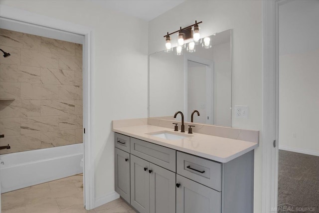 27645 Maryjane Ln E, Chesterfield Twp, MI 48047 - bathroom featuring vanity, shower / bathtub combination, baseboards, marble look tiles, and toilet