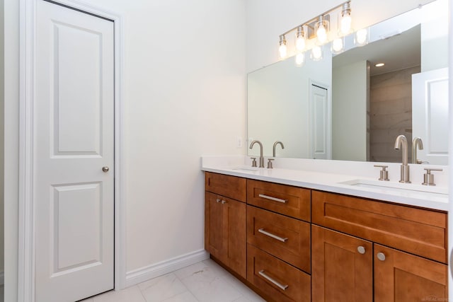 27632 Maryjane Ln E, Chesterfield Twp, MI 48047 - bathroom featuring marble finish floors, double vanity, and baseboards
