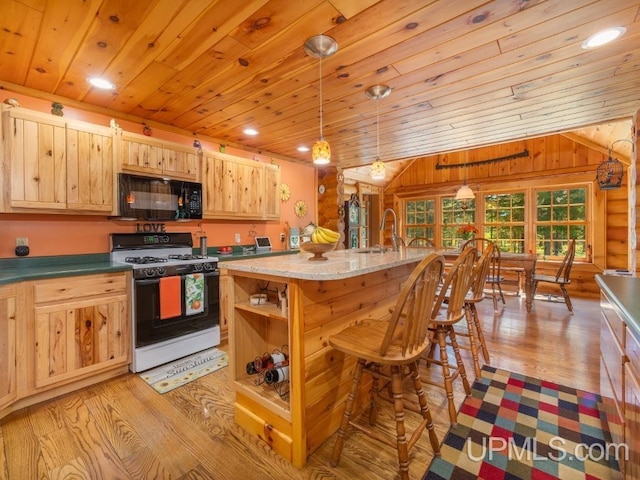 E1849 H44 Hwy, Trenary, MI 49891 - kitchen featuring black microwave, range with gas stovetop, light wood finished floors, a sink, and light brown cabinets