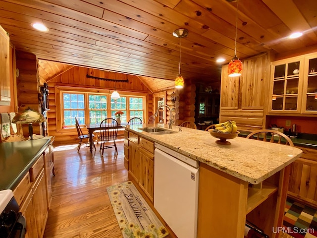 E1849 H44 Hwy, Trenary, MI 49891 - kitchen featuring white dishwasher, a sink, wood ceiling, rustic walls, and lofted ceiling
