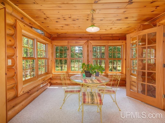 E1849 H44 Hwy, Trenary, MI 49891 - unfurnished sunroom with wood ceiling, rustic walls, carpet floors, and french doors