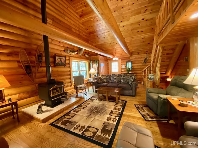 E1849 H44 Hwy, Trenary, MI 49891 - living room featuring a wood stove, log walls, wood finished floors, and wooden ceiling