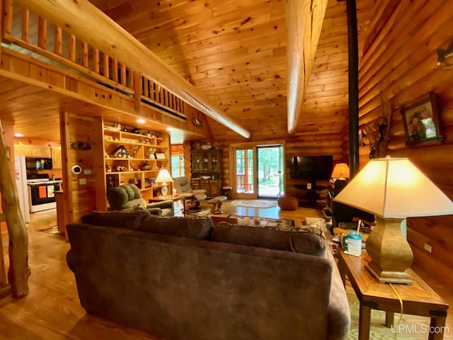 E1849 H44 Hwy, Trenary, MI 49891 - living room with wooden ceiling, wood finished floors, and log walls