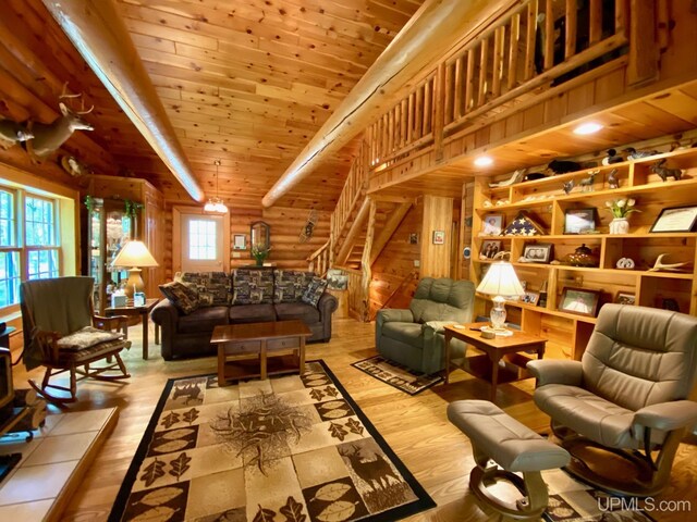 E1849 H44 Hwy, Trenary, MI 49891 - living area with wood finished floors, stairs, and wooden ceiling