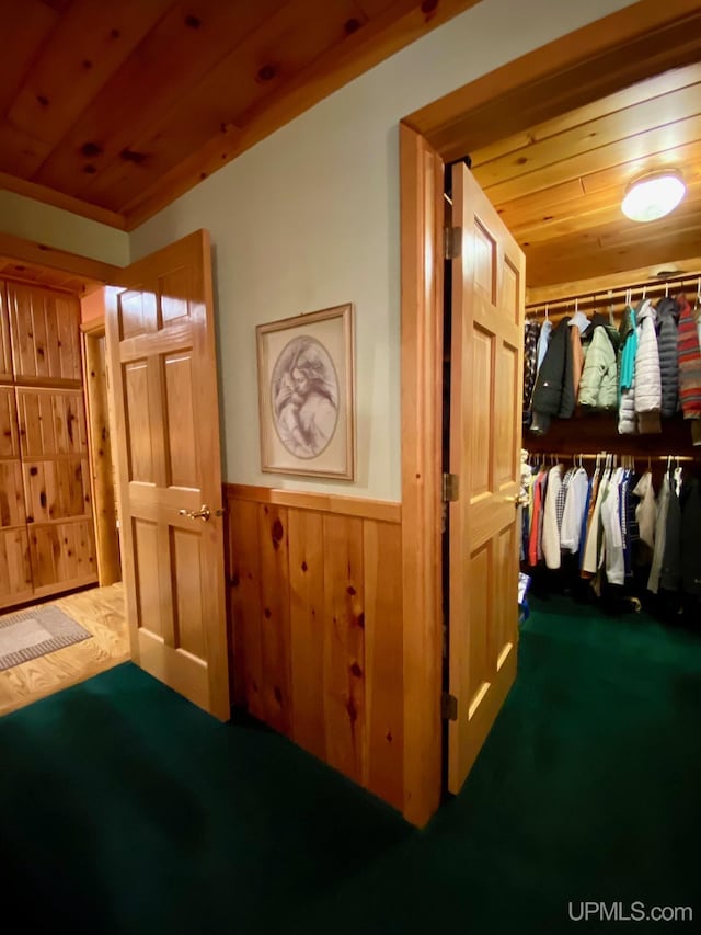 E1849 H44 Hwy, Trenary, MI 49891 - hall with wainscoting, wooden ceiling, wooden walls, and carpet
