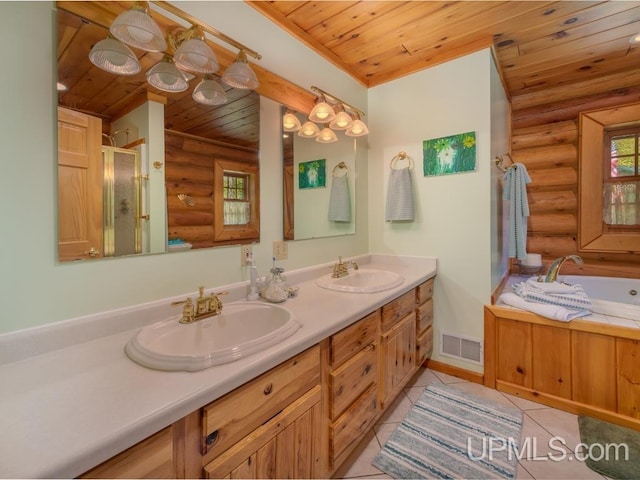 E1849 H44 Hwy, Trenary, MI 49891 - bathroom featuring log walls, wood ceiling, double vanity, healthy amount of natural light, and a shower stall
