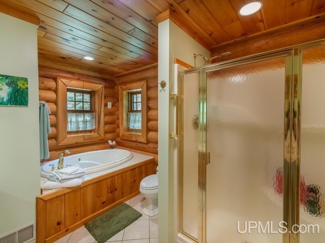 E1849 H44 Hwy, Trenary, MI 49891 - bathroom featuring rustic walls, wood ceiling, toilet, a shower stall, and a garden tub