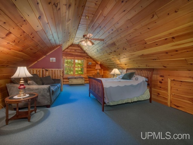 E1849 H44 Hwy, Trenary, MI 49891 - carpeted bedroom with wood walls, wooden ceiling, and lofted ceiling